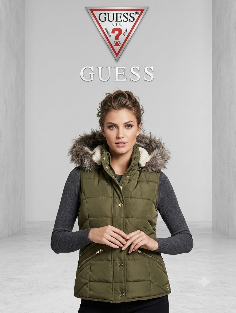 GUESS Olive Green Quilted Vest with Faux Fur Hood